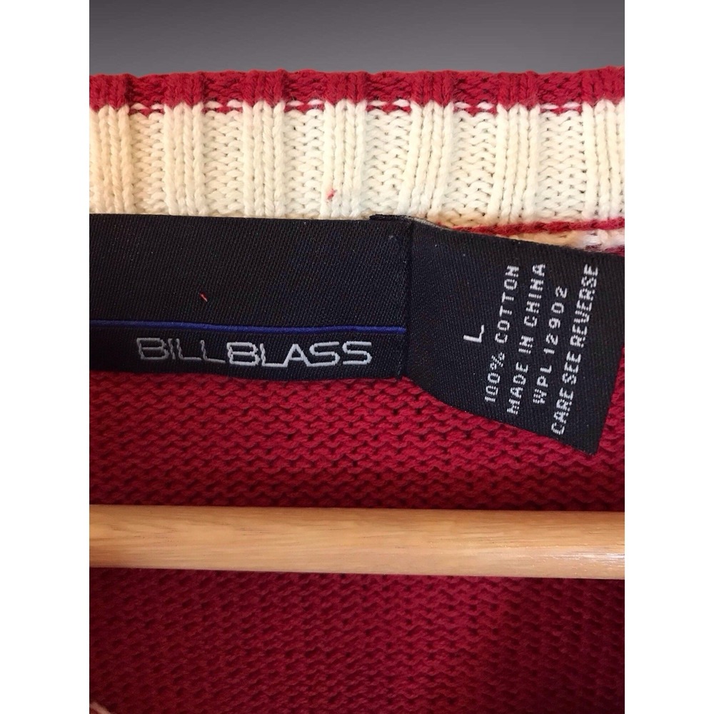 VTG Bill Blass Sweater Mens Sz L Red Argyle Cotton Crewneck Preppy Knit Pullover - Picture 3 of 4